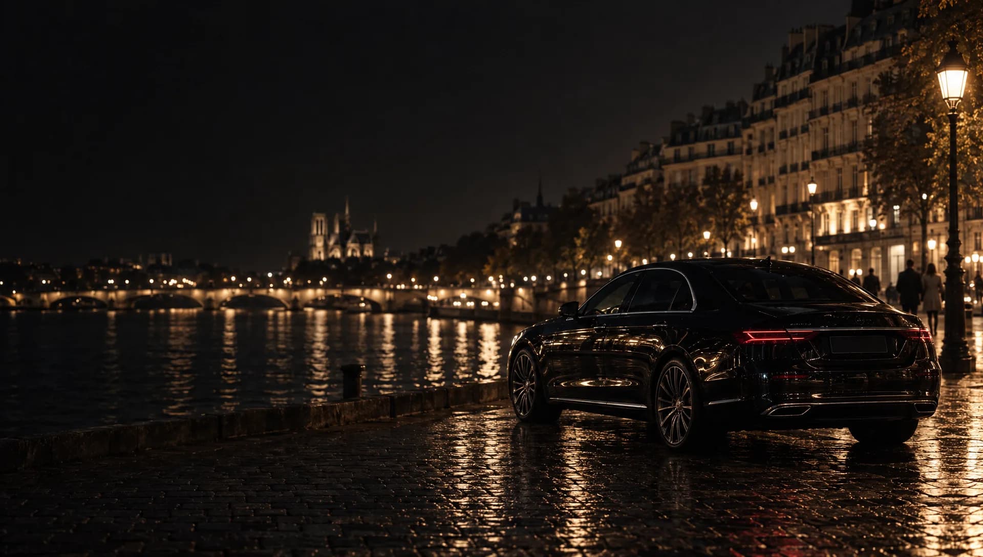Berline noire sur un quai pavé de Paris, la nuit, au bord de la Seine