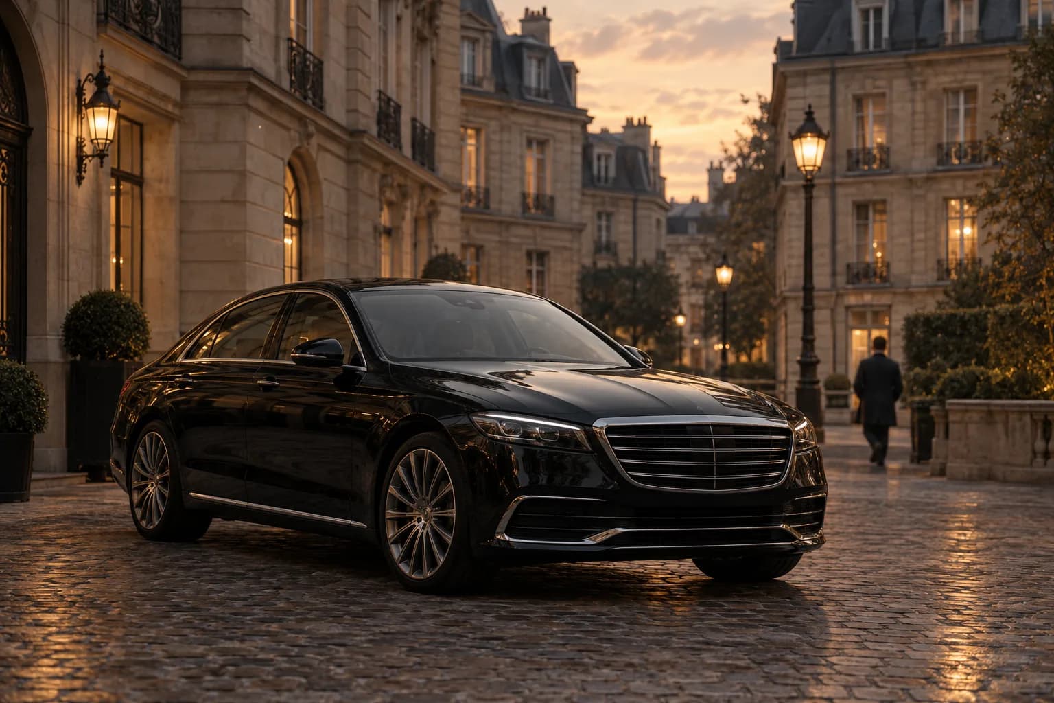 Berline d’affaires noire dans une cour parisienne au crépuscule