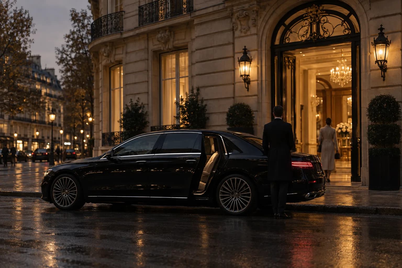 Grande berline de prestige noire devant un immeuble haussmannien, le soir