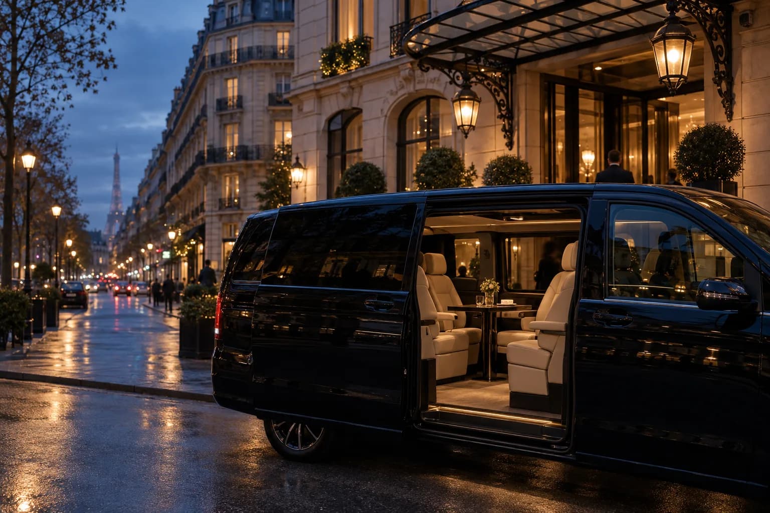Van de luxe noir, porte ouverte sur des sièges en cuir crème