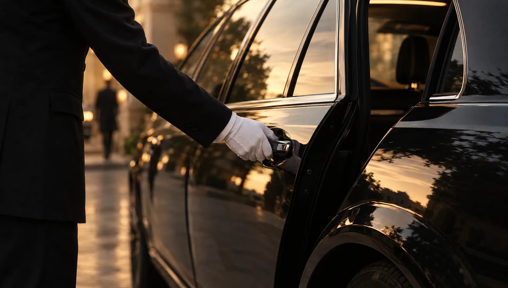 Main gantée d’un chauffeur ouvrant la portière arrière d’une berline