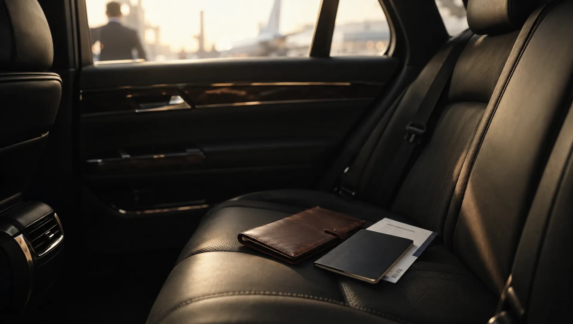 Porte-documents de voyage et passeport sur une banquette en cuir