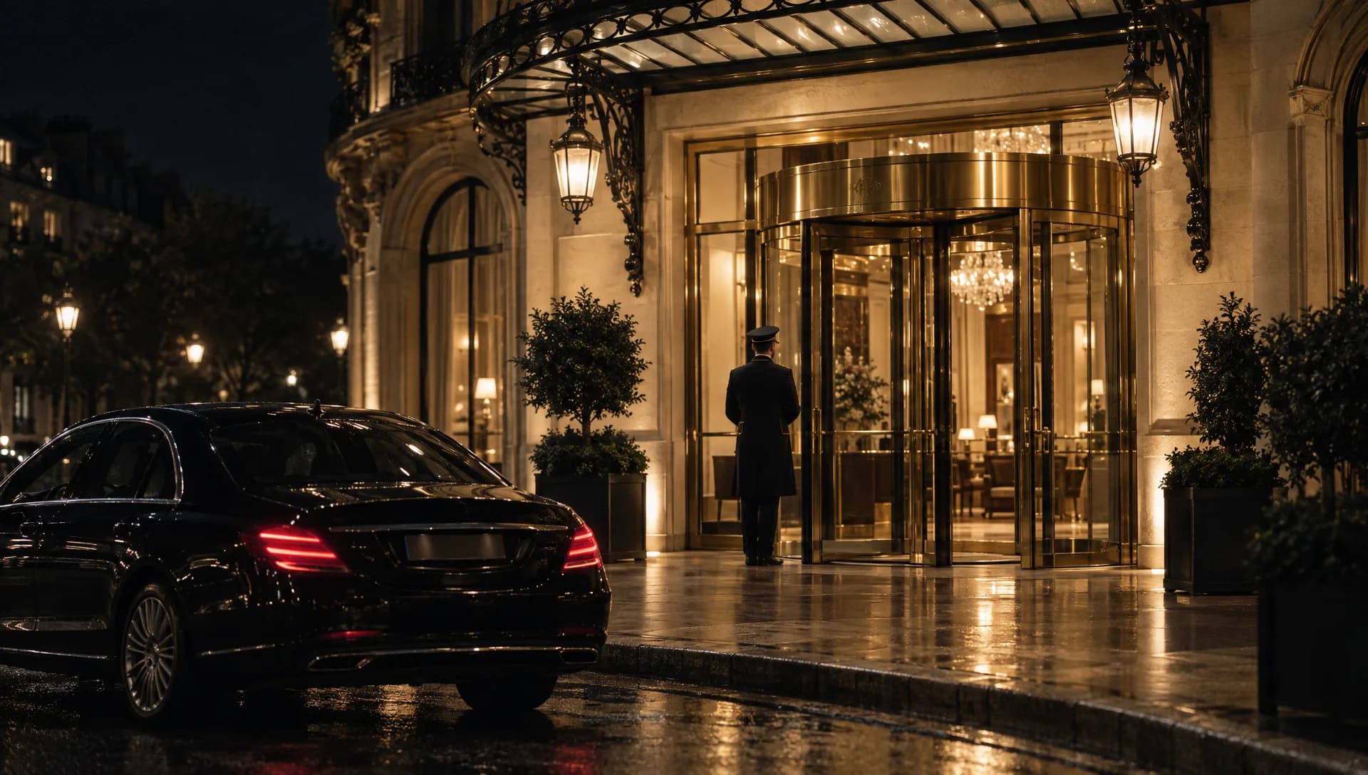 Entrée illuminée d’un grand hôtel parisien, la nuit, une berline devant