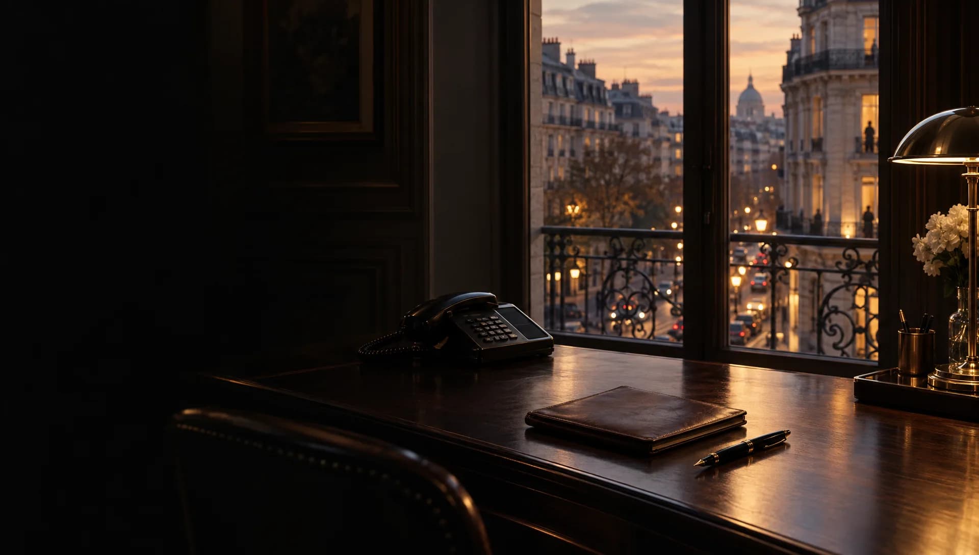 Bureau feutré avec téléphone et carnet, façades parisiennes au crépuscule