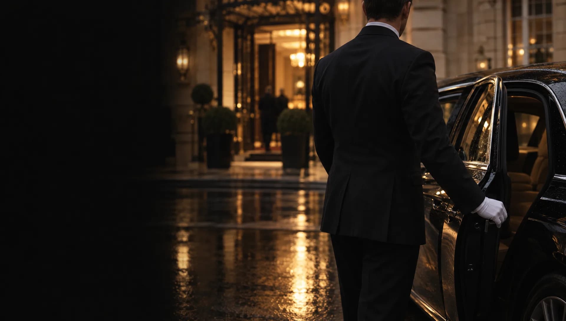 Chauffeur ouvrant la portière d’une berline devant un immeuble parisien, au crépuscule