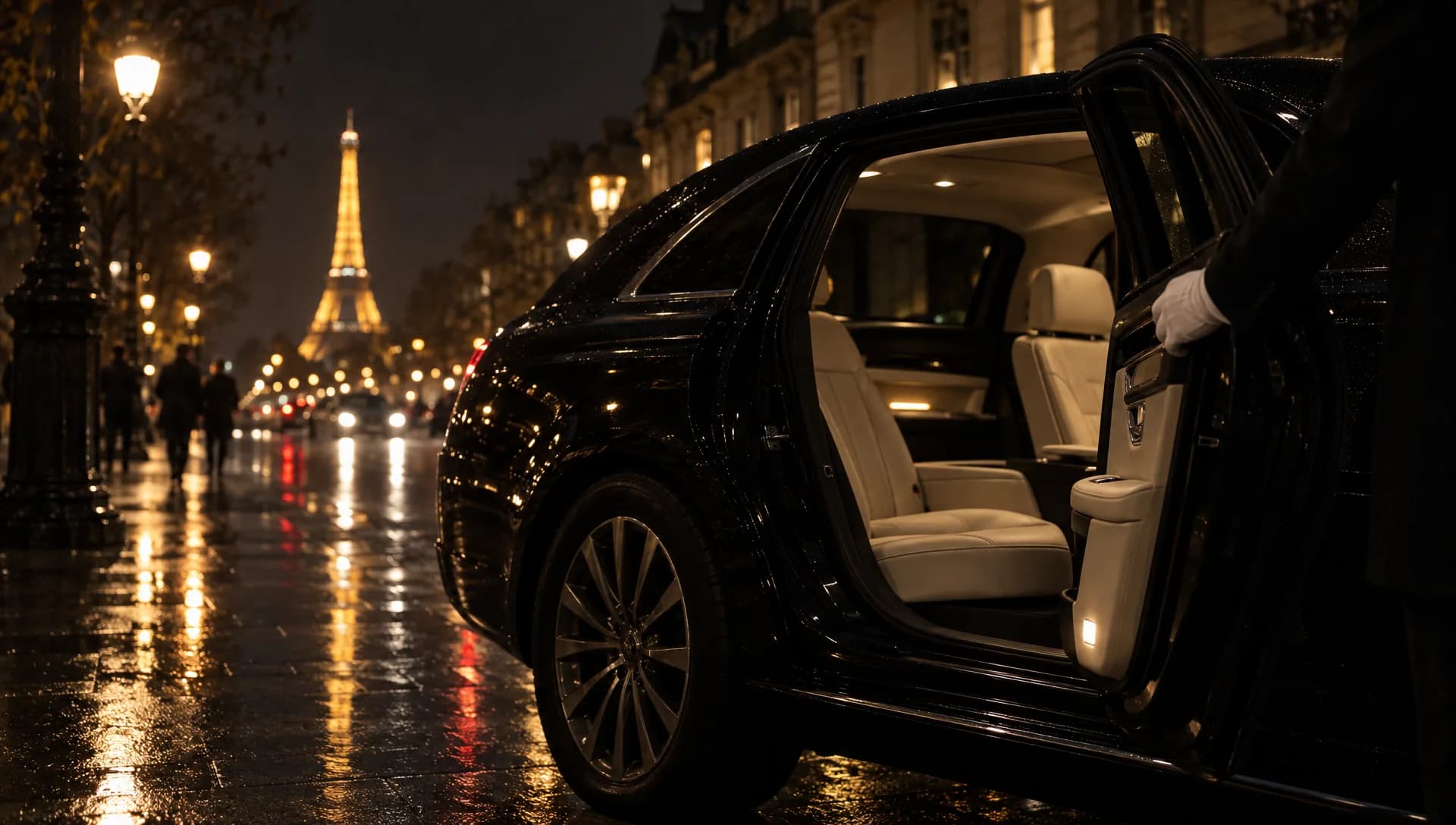 Portière arrière ouverte d’une berline noire, la nuit à Paris