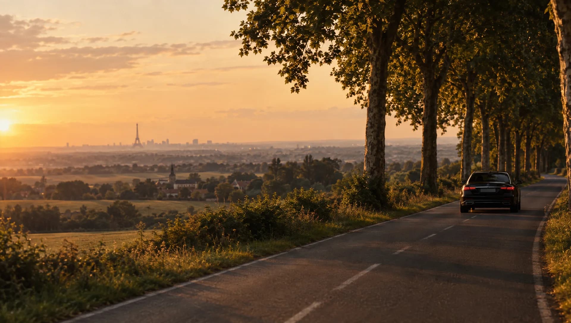 Berline noire sur une route de campagne bordée d’arbres, en fin de journée