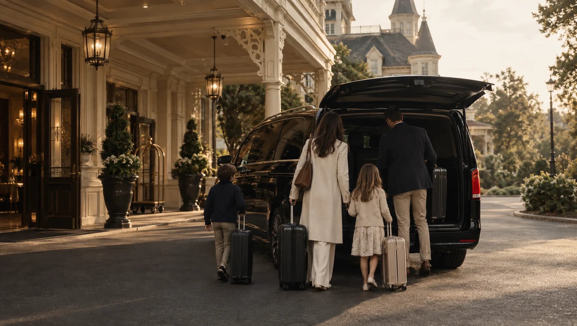 Famille chargeant ses bagages dans un van devant un hôtel de villégiature