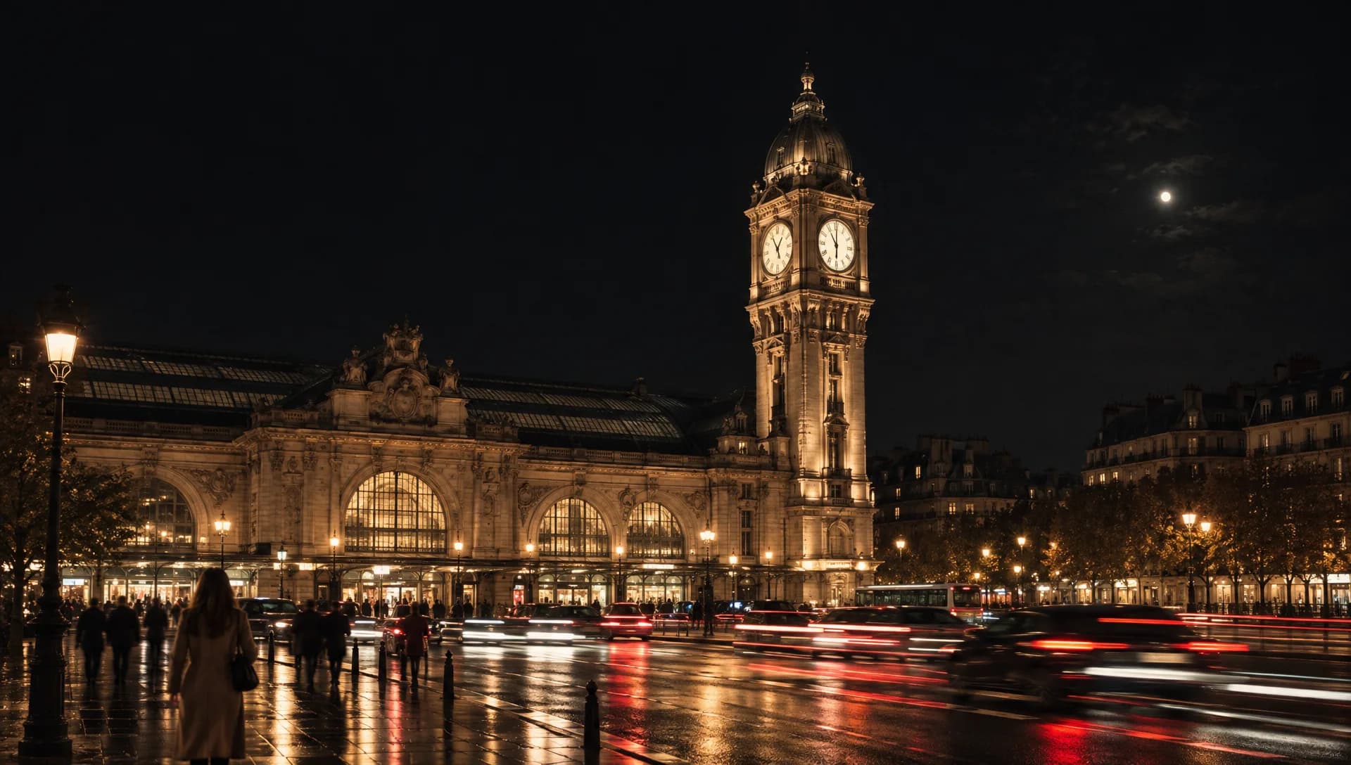 Tour d’horloge d’une gare parisienne, éclairée la nuit