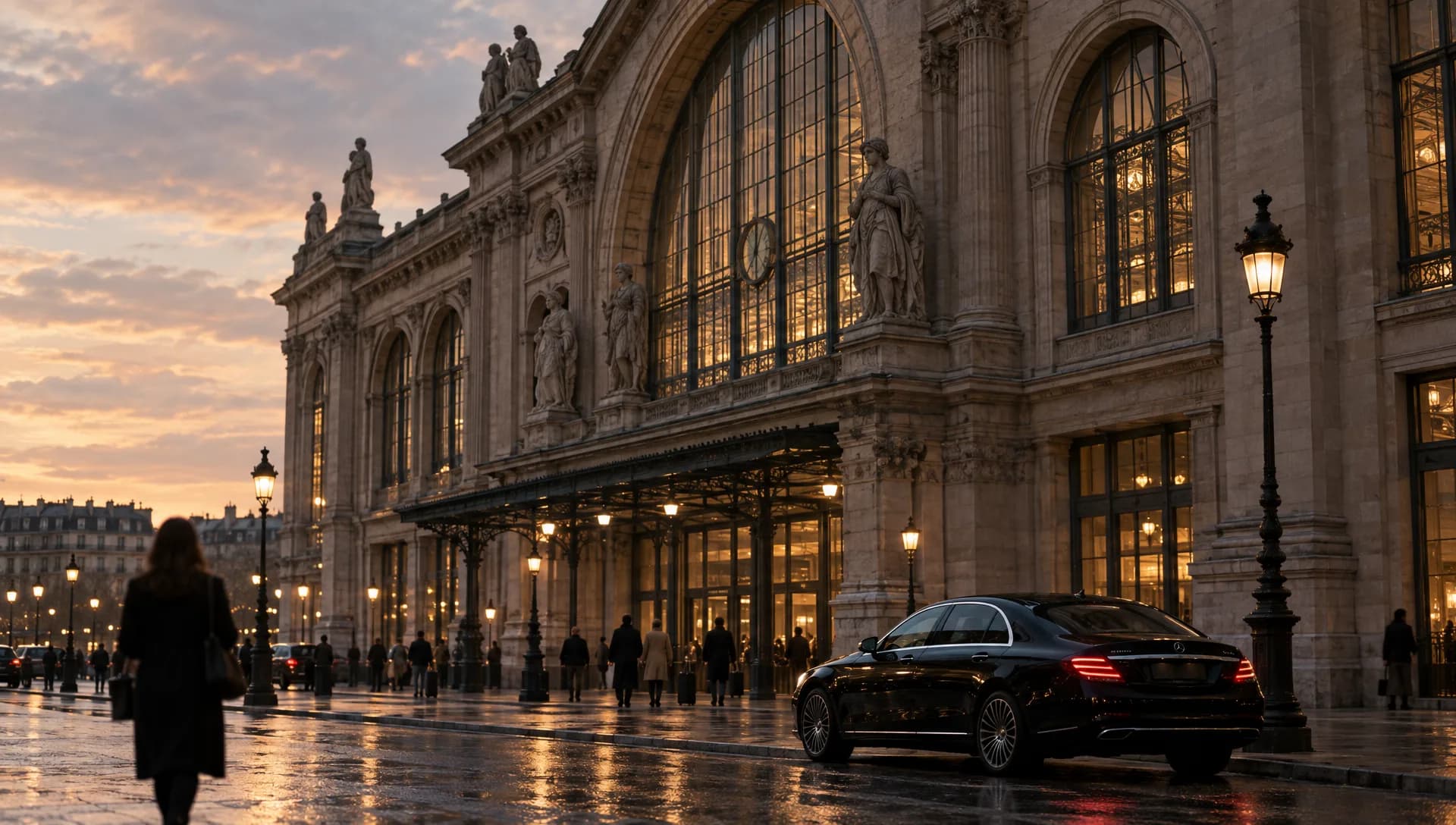 Façade monumentale d’une gare parisienne au crépuscule