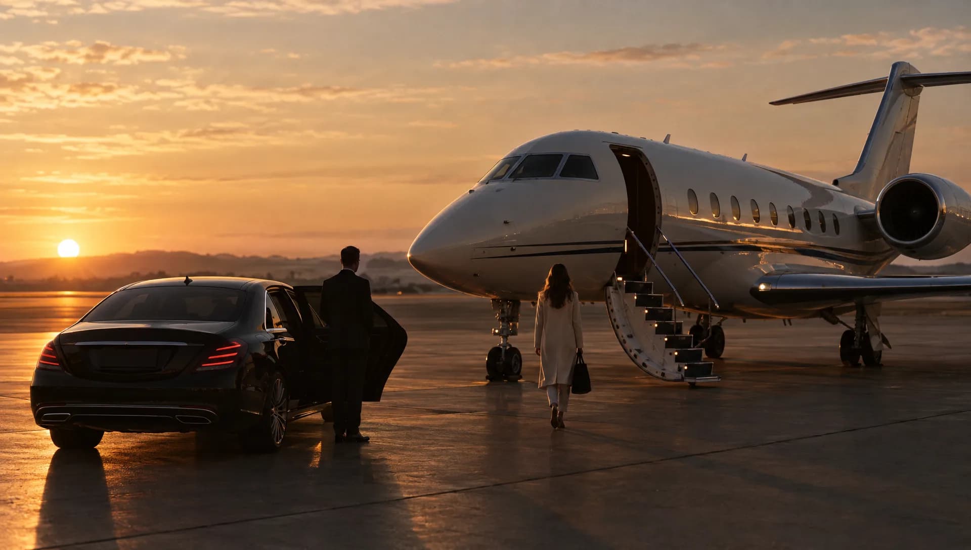 Jet privé sur le tarmac au coucher du soleil, une berline à ses côtés