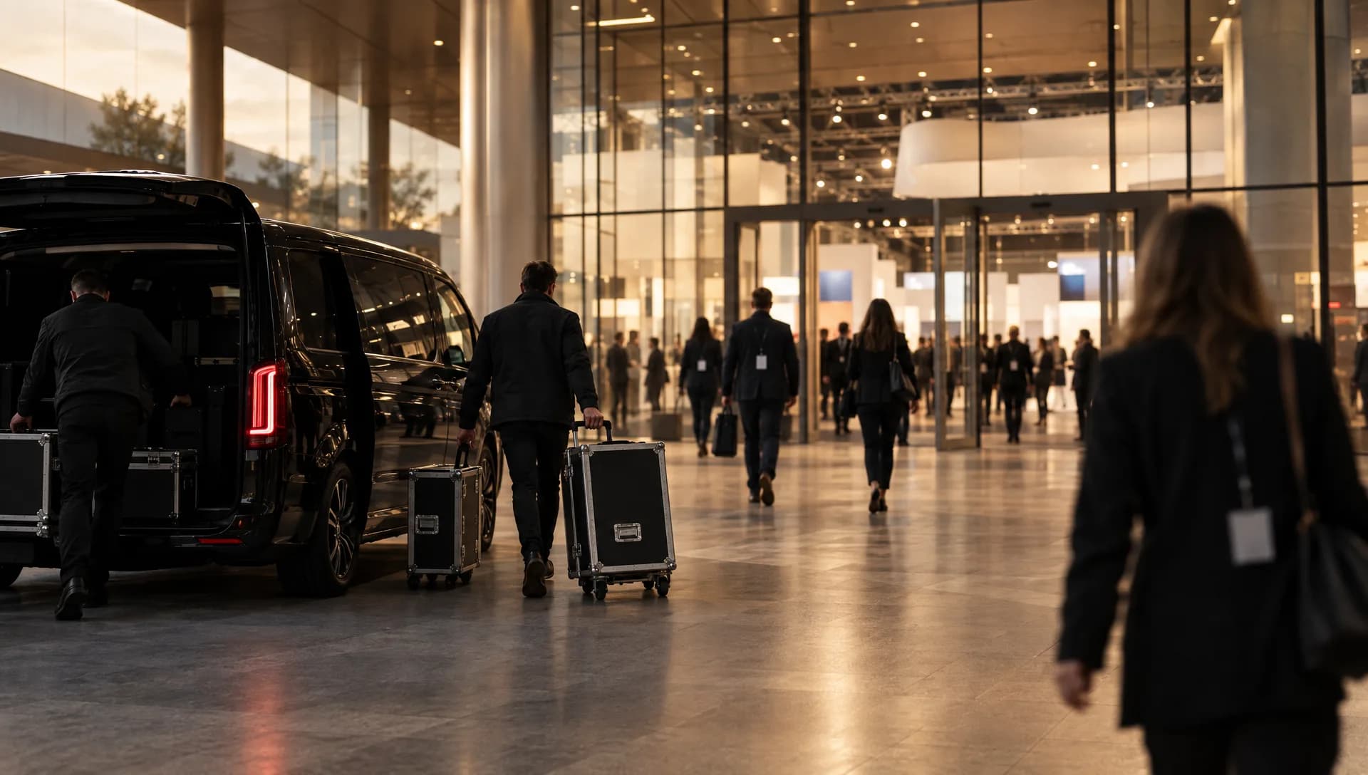 Entrée d’un parc des expositions, un van dépose une équipe
