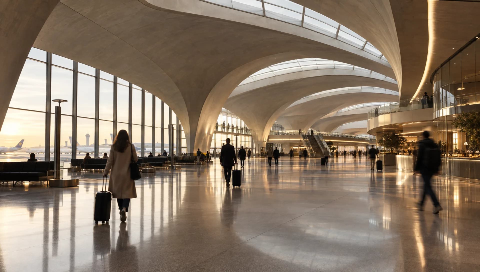 Terminal d’aéroport aux voûtes de béton courbes