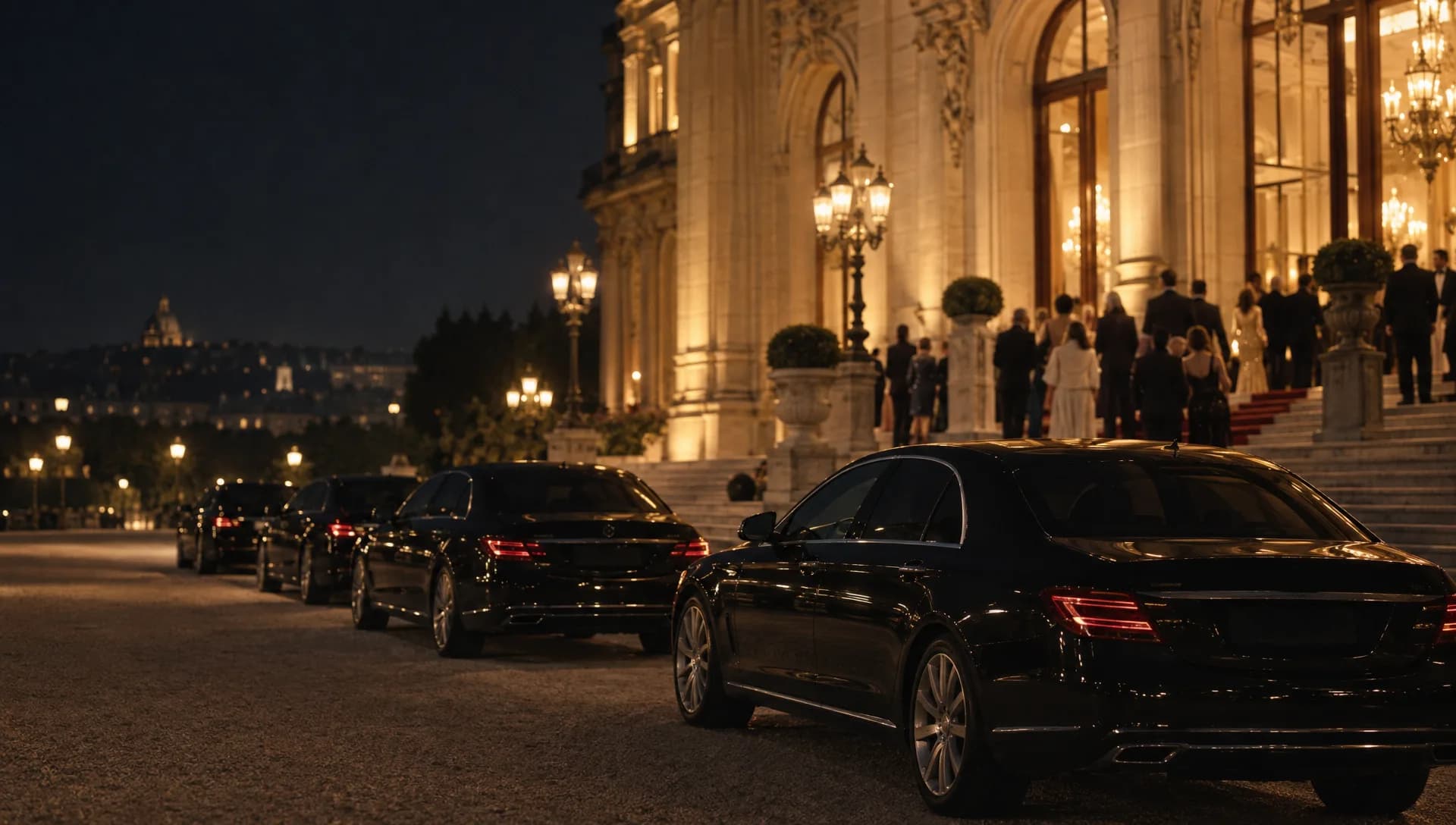 Berlines alignées devant un lieu de réception parisien, un soir de gala