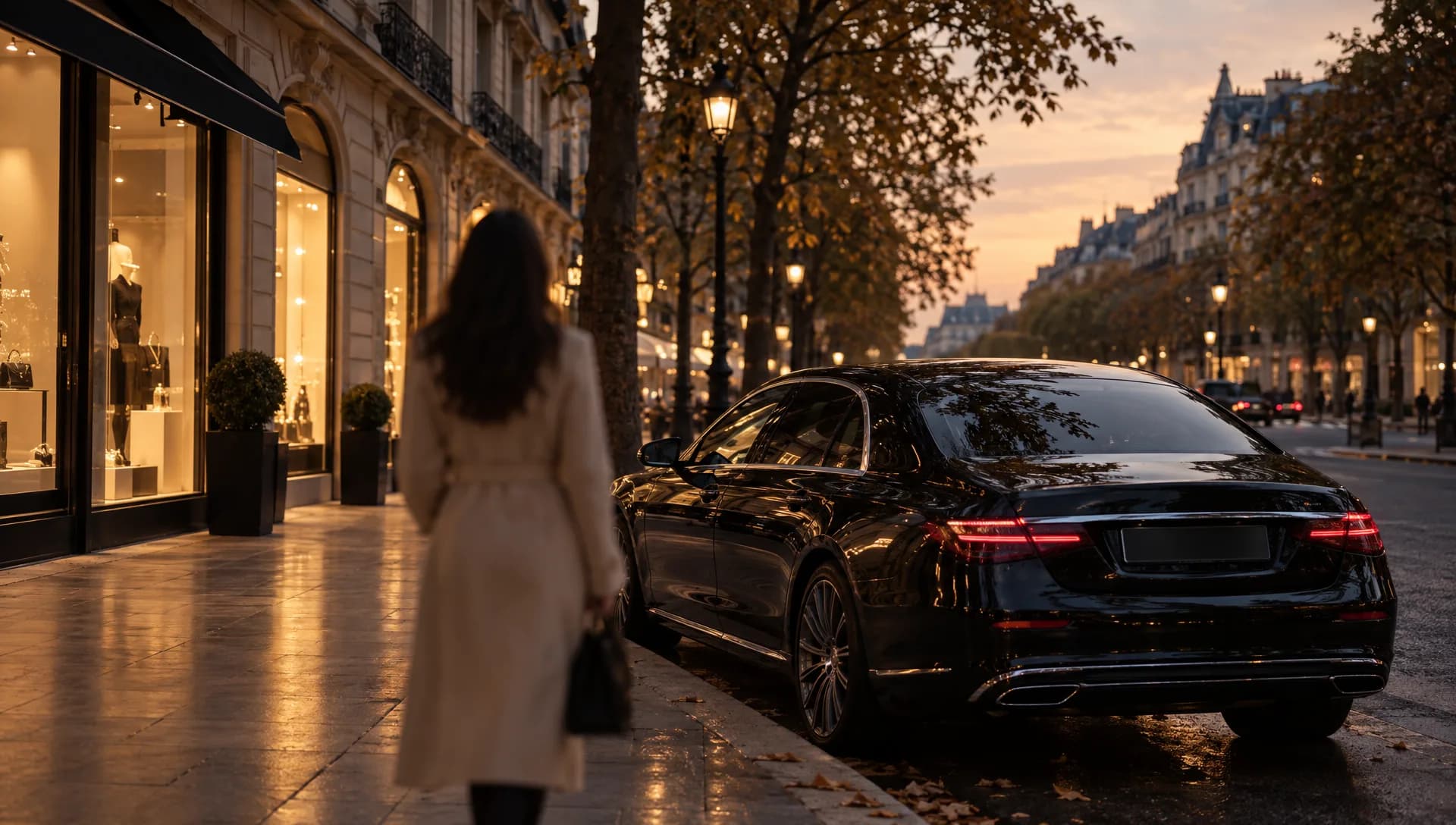 Berline qui attend le long d’une avenue parisienne au crépuscule