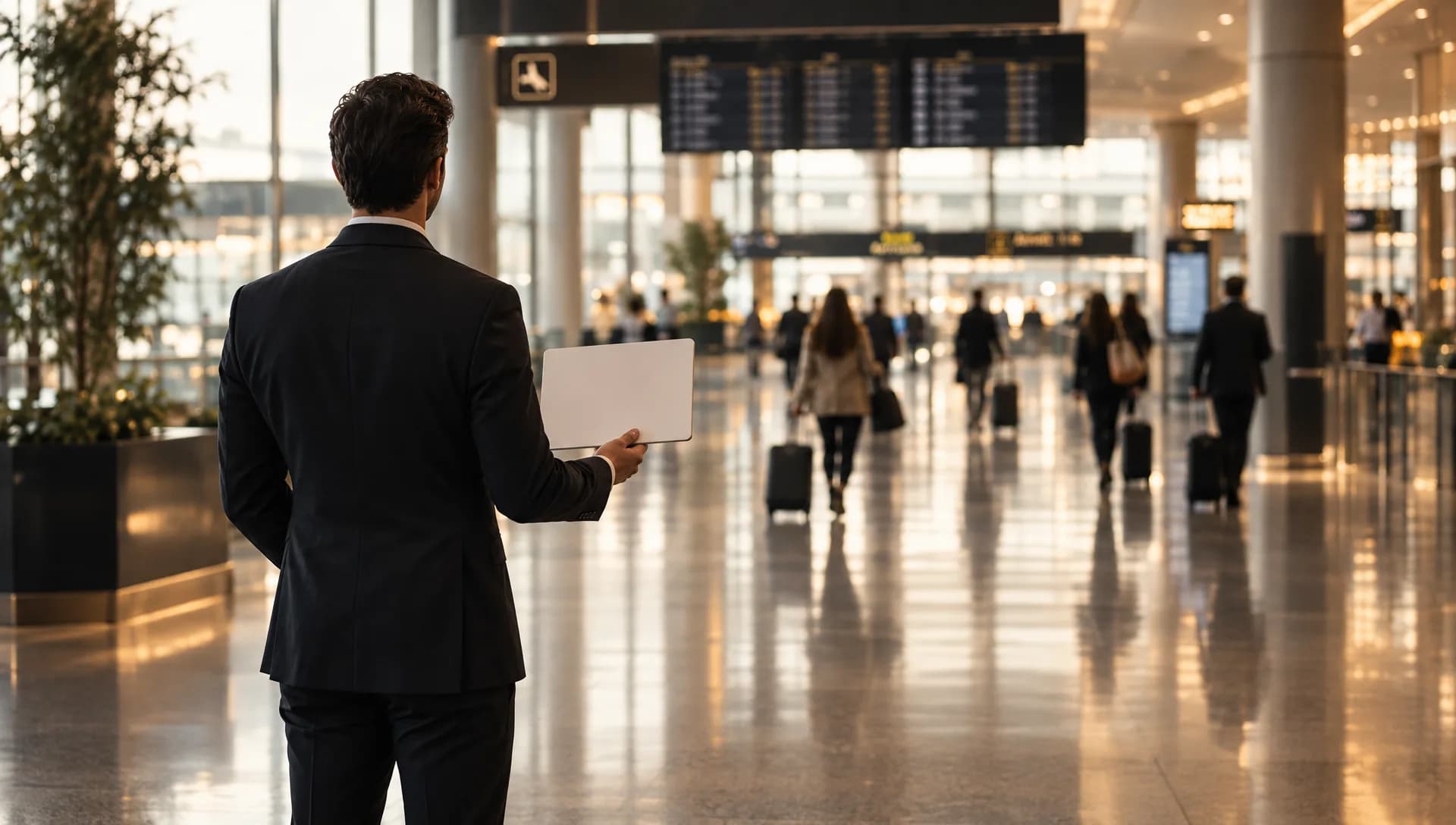 Chauffeur de dos tenant une pancarte dans le hall d’arrivée d’un aéroport