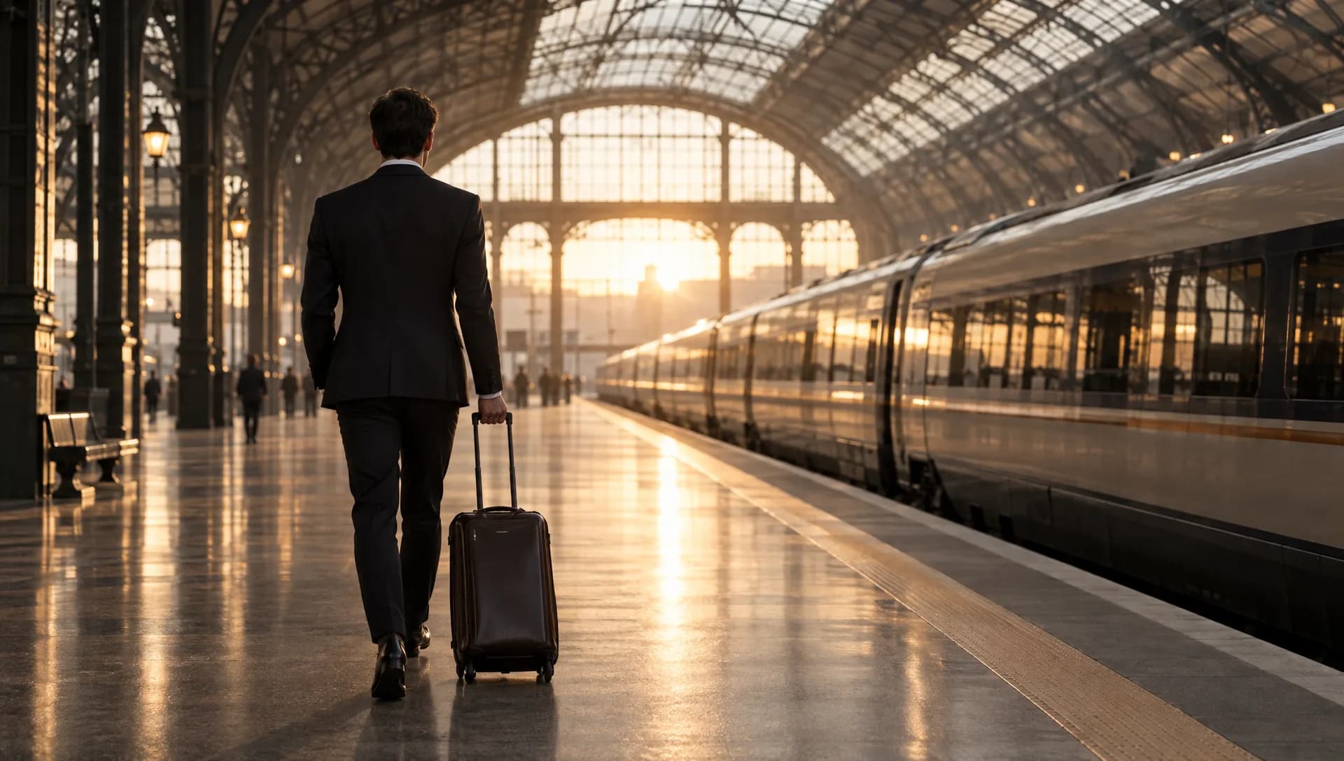Chauffeur portant une valise le long d’un quai de gare, sous une verrière
