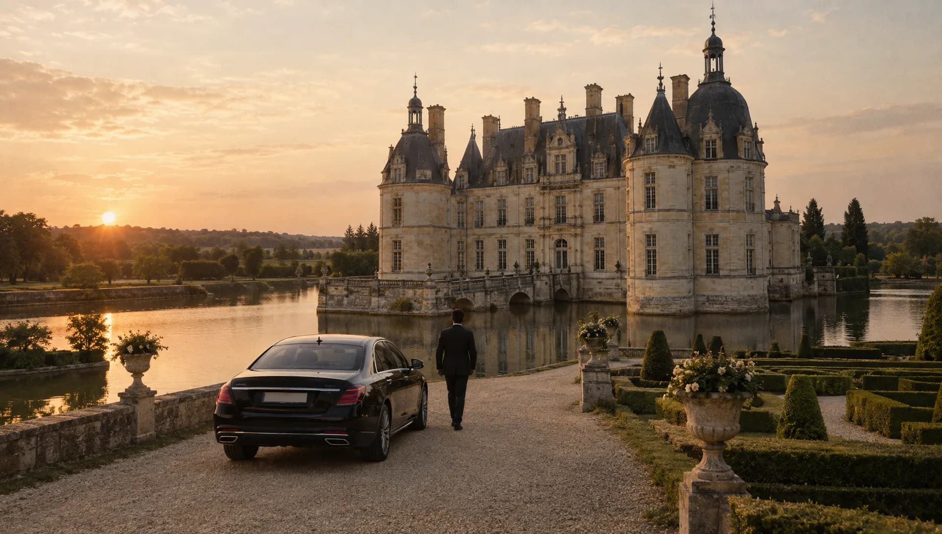 Château Renaissance entouré d’eau et de jardins, une berline sur l’allée