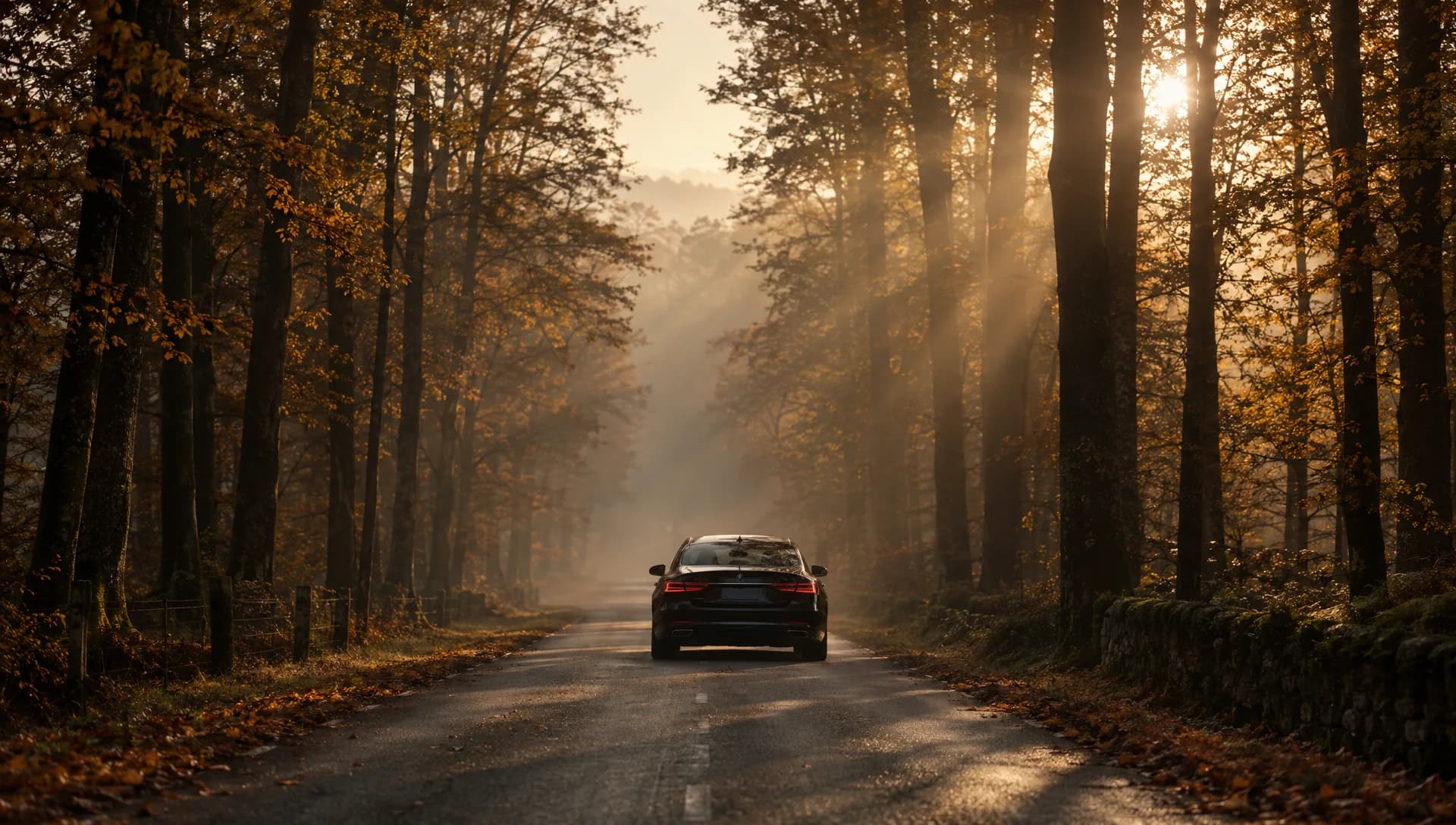 Berline noire sur une route traversant une forêt d’automne