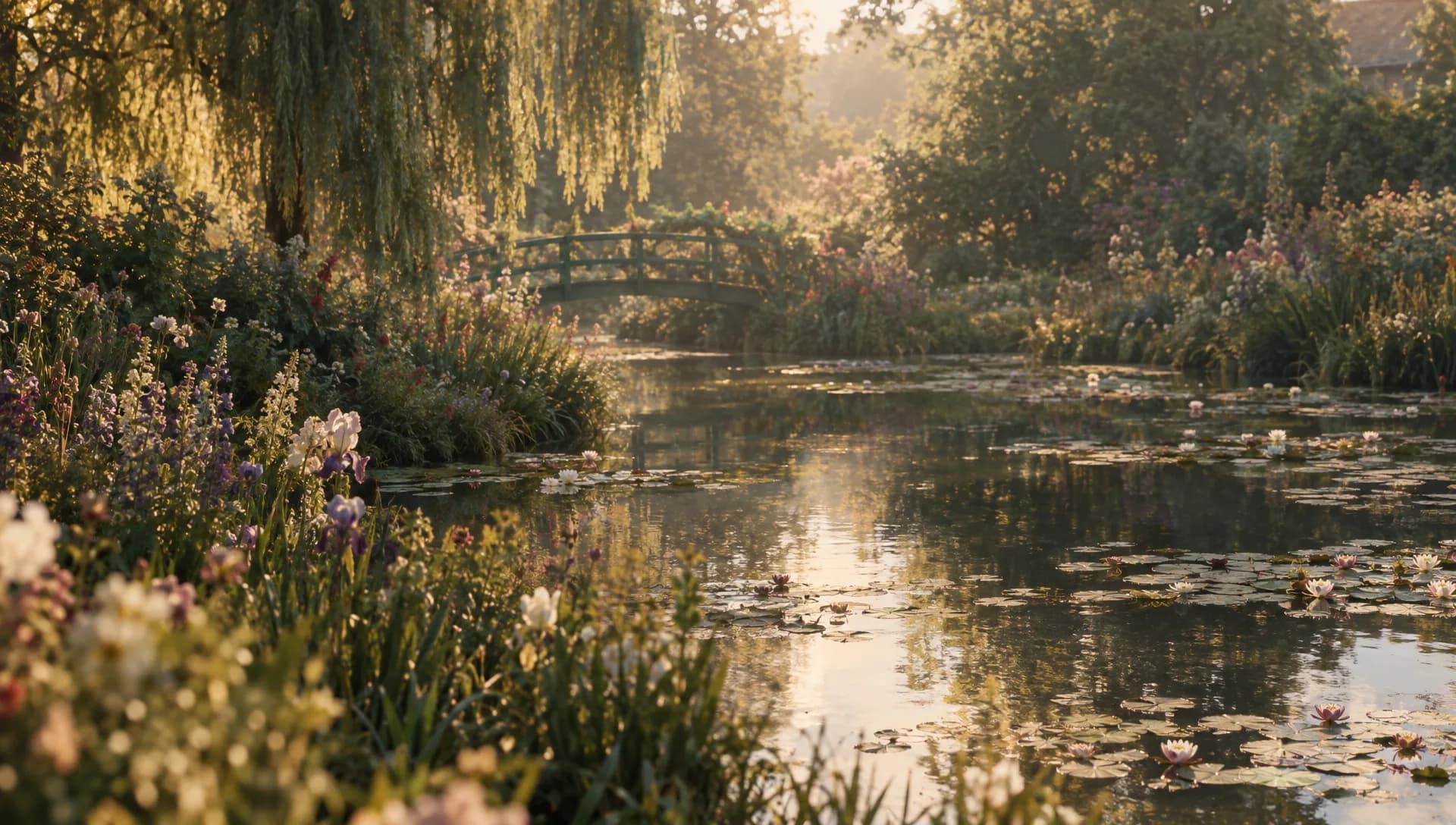 Jardin fleuri et bassin aux nymphéas dans la lumière du matin