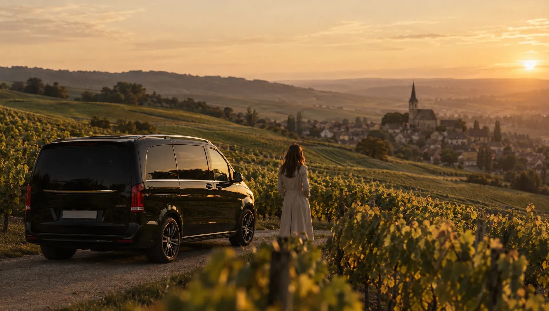 Vignoble de Champagne au soleil couchant, un van noir entre les vignes