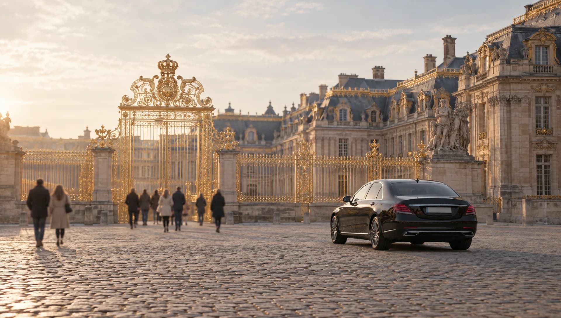 Grilles dorées et cour pavée d’un château baroque, une berline à l’écart